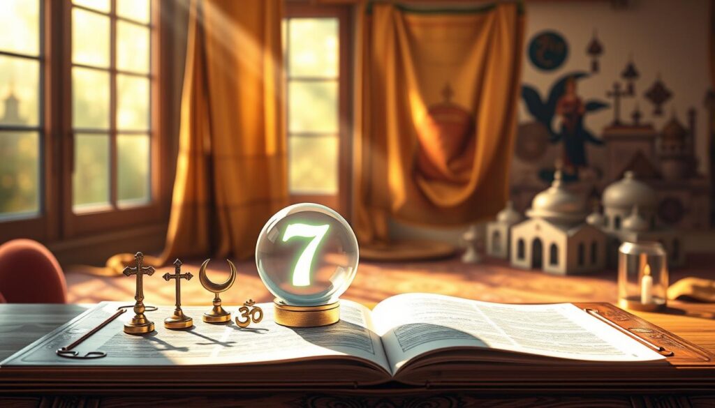 A serene and contemplative scene illustrating the concept of lucky numbers in various religions. In the foreground, a beautifully crafted wooden table holds a glowing orb displaying the number 7, surrounded by small religious symbols like a cross, crescent moon, and an om symbol, each softly illuminated. The middle ground features delicate ethnic fabrics in warm colors, symbolizing diversity and spirituality. In the background, faint images of sacred places, such as temples and churches, blend into a soft-focus, creating an ethereal ambiance. Natural sunlight streams through a window, casting gentle shadows and enhancing the spiritual atmosphere. The overall mood is peaceful and reflective, inviting viewers to explore the significance of numbers in different faiths. A serene and contemplative scene illustrating the concept of lucky numbers in various religions. In the foreground, a beautifully crafted wooden table holds a glowing orb displaying the number 7, surrounded by small religious symbols like a cross, crescent moon, and an om symbol, each softly illuminated. The middle ground features delicate ethnic fabrics in warm colors, symbolizing diversity and spirituality. In the background, faint images of sacred places, such as temples and churches, blend into a soft-focus, creating an ethereal ambiance. Natural sunlight streams through a window, casting gentle shadows and enhancing the spiritual atmosphere. The overall mood is peaceful and reflective, inviting viewers to explore the significance of numbers in different faiths.