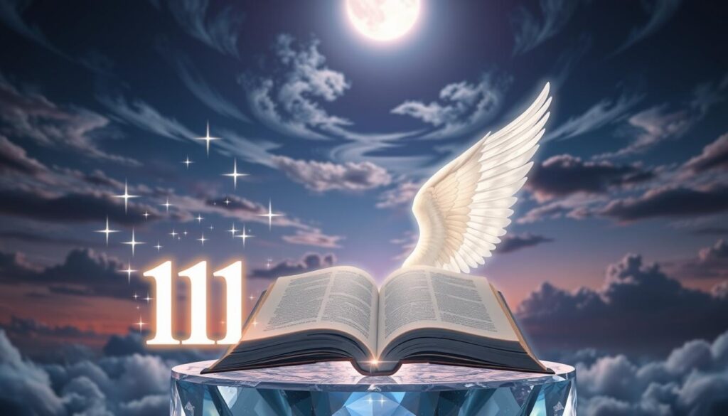 A serene and ethereal composition that embodies the meaning of angel number 111. In the foreground, a luminous number "111" glows softly, surrounded by shimmering stars and delicate ethereal wings, symbolizing guidance and spiritual awakening. In the middle ground, an open book lies on a crystal pedestal, with its pages fluttering elegantly, suggesting wisdom and insight. The background is a twilight sky transitioning into night, filled with swirling clouds illuminated by soft moonlight, creating a tranquil and meditative atmosphere. Use a soft focus lens to enhance the dreamlike quality, capturing rich blues and purples, with gentle highlights to evoke feelings of hope and positivity. Aim for a calm and inspirational mood, free from distractions.