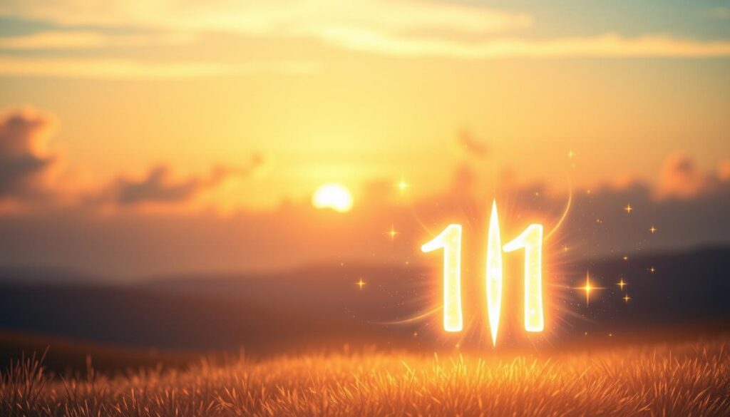 A serene and ethereal scene centered around the angel number 111, depicted as a glowing, luminous figure that radiates light. In the foreground, the number "111" is elegantly formed with soft, radiant energy, surrounded by subtle cosmic elements like stars and gentle swirls of color. The middle ground features a calming landscape, with a tranquil sunrise casting warm golden and pastel hues across the sky, symbolizing new beginnings and awakening. In the background, soft, blurred clouds create a sense of depth. The lighting is soft and dreamy, with an emphasis on the warm glow of the number. The atmosphere conveys inspiration and serenity, inviting viewers to reflect on the significance of 111 in their lives.