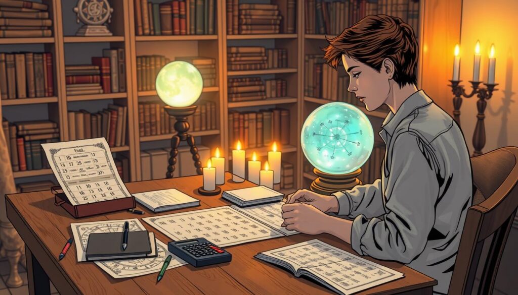 A serene and insightful scene depicting the process of calculating a life path number in numerology. In the foreground, a person sitting at a wooden desk surrounded by numerological charts, a calculator, and open notebooks, wearing modest casual attire. The middle ground features a glowing crystal ball and gently flickering candles, symbolizing intuition and enlightenment. In the background, soft, warm lighting creates a cozy, inviting atmosphere, with shelves filled with books on numerology and ancient astrology. The scene should evoke a sense of calm and curiosity, inviting the viewer into this mystical exploration of numbers, fate, and personal significance. Use a soft focus lens effect to enhance the dreamlike quality of the setting. A serene and insightful scene depicting the process of calculating a life path number in numerology. In the foreground, a person sitting at a wooden desk surrounded by numerological charts, a calculator, and open notebooks, wearing modest casual attire. The middle ground features a glowing crystal ball and gently flickering candles, symbolizing intuition and enlightenment. In the background, soft, warm lighting creates a cozy, inviting atmosphere, with shelves filled with books on numerology and ancient astrology. The scene should evoke a sense of calm and curiosity, inviting the viewer into this mystical exploration of numbers, fate, and personal significance. Use a soft focus lens effect to enhance the dreamlike quality of the setting.