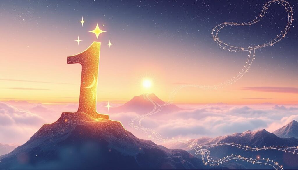 A serene and mystical illustration focusing on the significance of the number 1 in numerology. In the foreground, a large, stylized number 1 is prominently featured, shimmering with golden hues and surrounded by sparkling stars. The middle layer presents ethereal symbols of individuality and leadership, such as a radiant sun and a winding path. In the background, a soft gradient of dawn colorsâgentle pinks and bluesâreflects a tranquil sky, suggesting new beginnings. Soft lighting illuminates the scene, creating a hopeful and inspirational atmosphere. A wide-angle perspective captures a sense of vastness, while intricate patterns weave through the image, symbolizing the interconnectedness of one's life journey. The overall mood is uplifting and empowering, inviting viewers to explore the essence of being number 1 in numerology. A serene and mystical illustration focusing on the significance of the number 1 in numerology. In the foreground, a large, stylized number 1 is prominently featured, shimmering with golden hues and surrounded by sparkling stars. The middle layer presents ethereal symbols of individuality and leadership, such as a radiant sun and a winding path. In the background, a soft gradient of dawn colorsâgentle pinks and bluesâreflects a tranquil sky, suggesting new beginnings. Soft lighting illuminates the scene, creating a hopeful and inspirational atmosphere. A wide-angle perspective captures a sense of vastness, while intricate patterns weave through the image, symbolizing the interconnectedness of one's life journey. The overall mood is uplifting and empowering, inviting viewers to explore the essence of being number 1 in numerology.
