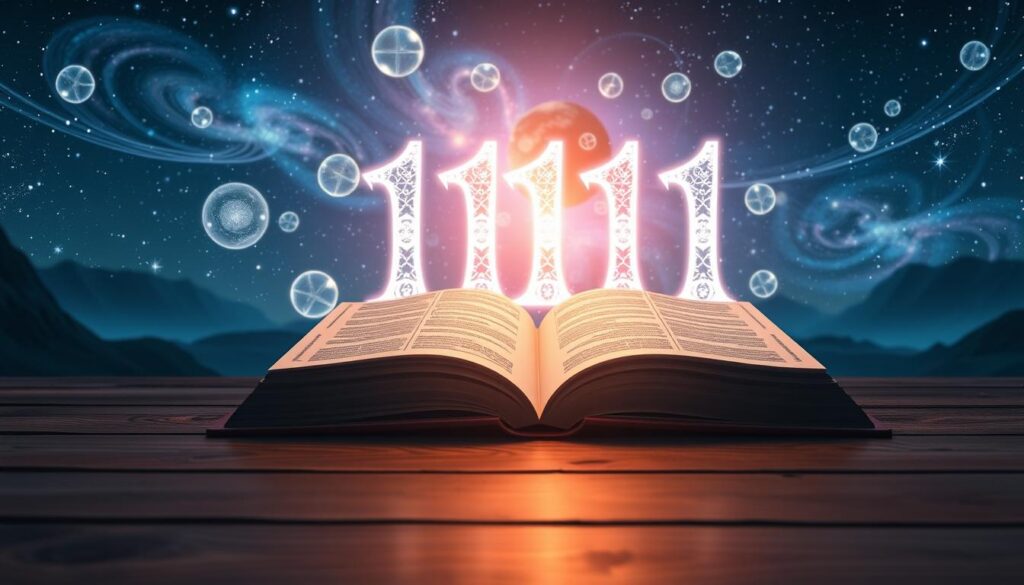 A serene and mystical scene illustrating the meaning of 1111 in numerology. In the foreground, a glowing, ethereal number "1111" appears, intricately designed with symbols of balance and harmony. Surrounding it, soft, luminescent orbs float gently, representing dreams and aspirations. In the middle ground, an open book lies on a wooden table, its pages softly illuminated, revealing ancient numerological charts and symbols. The background features a cosmic landscape, a starry night sky filled with swirling galaxies and twinkling stars, casting a calming blue and violet light over the scene. The atmosphere is tranquil and reflective, encouraging contemplation. Use soft focus for depth, simulating a wide-angle lens effect to enhance the dreamy quality. The lighting should be warm and inviting, evoking a sense of wonder and exploration. A serene and mystical scene illustrating the meaning of 1111 in numerology. In the foreground, a glowing, ethereal number "1111" appears, intricately designed with symbols of balance and harmony. Surrounding it, soft, luminescent orbs float gently, representing dreams and aspirations. In the middle ground, an open book lies on a wooden table, its pages softly illuminated, revealing ancient numerological charts and symbols. The background features a cosmic landscape, a starry night sky filled with swirling galaxies and twinkling stars, casting a calming blue and violet light over the scene. The atmosphere is tranquil and reflective, encouraging contemplation. Use soft focus for depth, simulating a wide-angle lens effect to enhance the dreamy quality. The lighting should be warm and inviting, evoking a sense of wonder and exploration.