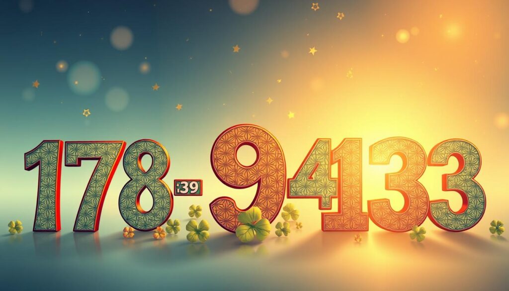 A serene and symbolic illustration featuring a collage of popular lucky number combinations like 7-8, 3-9, and 4-13 arranged artistically in the foreground. Each number combination is visually distinct, designed with intricate patterns and vibrant colors that evoke a sense of good fortune. In the middle ground, include subtle motifs representing luck, such as four-leaf clovers and shooting stars, blending seamlessly with the numbers. The background should be a soft gradient of blue and gold, creating a mystical atmosphere. Use warm, glowing lighting to enhance the uplifting mood, focusing on a medium camera angle to emphasize both the numbers and the luck symbols. Overall, the image should inspire a feeling of hope and positivity around the theme of lucky numbers. A serene and symbolic illustration featuring a collage of popular lucky number combinations like 7-8, 3-9, and 4-13 arranged artistically in the foreground. Each number combination is visually distinct, designed with intricate patterns and vibrant colors that evoke a sense of good fortune. In the middle ground, include subtle motifs representing luck, such as four-leaf clovers and shooting stars, blending seamlessly with the numbers. The background should be a soft gradient of blue and gold, creating a mystical atmosphere. Use warm, glowing lighting to enhance the uplifting mood, focusing on a medium camera angle to emphasize both the numbers and the luck symbols. Overall, the image should inspire a feeling of hope and positivity around the theme of lucky numbers.