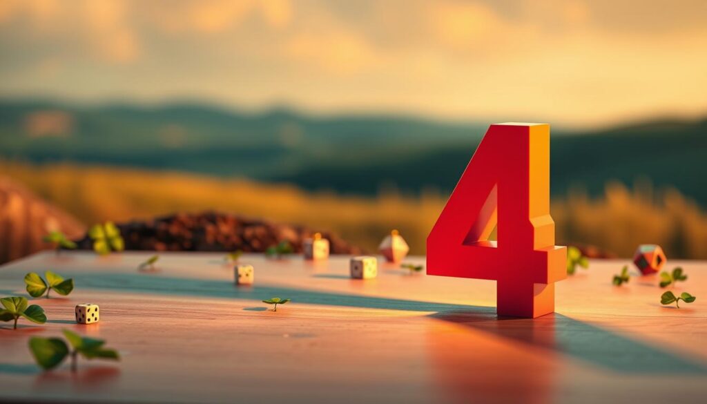 A serene and thought-provoking scene featuring the number four, artistically represented in vibrant colors, against a backdrop of abstract symbols of luck such as four-leaf clovers and small, discreetly placed dice. In the foreground, the number four is three-dimensional and illuminated by soft, warm lighting, casting gentle shadows. The middle ground contains a whimsical balance of lucky charms and geometric shapes, inviting curiosity and discussion. In the background, a blurred landscape suggests a tranquil environment, enhancing the contemplative atmosphere of the image. The overall mood is hopeful and reflective, inviting viewers to ponder the significance of the number four, with a focus on creating a visually harmonious composition. A serene and thought-provoking scene featuring the number four, artistically represented in vibrant colors, against a backdrop of abstract symbols of luck such as four-leaf clovers and small, discreetly placed dice. In the foreground, the number four is three-dimensional and illuminated by soft, warm lighting, casting gentle shadows. The middle ground contains a whimsical balance of lucky charms and geometric shapes, inviting curiosity and discussion. In the background, a blurred landscape suggests a tranquil environment, enhancing the contemplative atmosphere of the image. The overall mood is hopeful and reflective, inviting viewers to ponder the significance of the number four, with a focus on creating a visually harmonious composition.