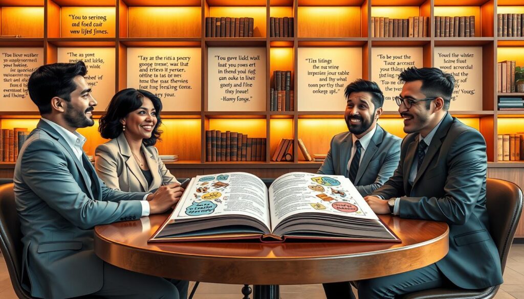 A serene coffee shop setting with a round table at the foreground where a diverse group of four individuals, dressed in professional business attire, engaged in a lively discussion about the significance of the number four in their lives. In the middle, a large open book lies on the table, filled with colorful illustrations and notes symbolizing good luck and fortune associated with the number four. The background features warm wooden shelves lined with inspirational quotes and books, soft, golden lighting illuminating the scene, creating a cozy and inviting atmosphere. The image is captured from a slightly elevated angle, enhancing the sense of camaraderie among the participants while keeping the focus on the table's conversation. A serene coffee shop setting with a round table at the foreground where a diverse group of four individuals, dressed in professional business attire, engaged in a lively discussion about the significance of the number four in their lives. In the middle, a large open book lies on the table, filled with colorful illustrations and notes symbolizing good luck and fortune associated with the number four. The background features warm wooden shelves lined with inspirational quotes and books, soft, golden lighting illuminating the scene, creating a cozy and inviting atmosphere. The image is captured from a slightly elevated angle, enhancing the sense of camaraderie among the participants while keeping the focus on the table's conversation.