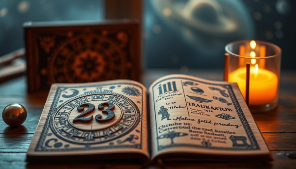 A serene, elegant composition illustrating the number 23 through a thoughtful representation of numerology. In the foreground, a beautifully crafted wooden numerology chart features the number 23 prominently, surrounded by intricate symbols and astrological signs, representing various interpretations. The middle layer depicts an open ancient book with detailed illustrations of numerological principles, bathed in soft, warm, golden lighting to create an inviting atmosphere. In the background, blurred images of cosmic elements like stars and planets subtly hint at the broader mysteries of numerology. The overall mood is contemplative and mystical, inviting viewers to explore the deeper meanings behind the number 23, with a slight ethereal glow emanating throughout the scene. A serene, elegant composition illustrating the number 23 through a thoughtful representation of numerology. In the foreground, a beautifully crafted wooden numerology chart features the number 23 prominently, surrounded by intricate symbols and astrological signs, representing various interpretations. The middle layer depicts an open ancient book with detailed illustrations of numerological principles, bathed in soft, warm, golden lighting to create an inviting atmosphere. In the background, blurred images of cosmic elements like stars and planets subtly hint at the broader mysteries of numerology. The overall mood is contemplative and mystical, inviting viewers to explore the deeper meanings behind the number 23, with a slight ethereal glow emanating throughout the scene.