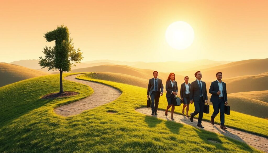 A serene landscape symbolizes the influence of the number 1 on life paths. In the foreground, a winding path stretches towards a radiant rising sun, representing new beginnings and opportunities. Alongside the path, a single, sturdy tree stands tall, its leaves shaped like the number 1, signifying strength and individuality. In the middle ground, diverse individuals in professional business attire are depicted thoughtfully walking the path, each carrying a briefcase, gazing upward with hopeful expressions. The background features gentle hills under a tranquil sky, bathed in warm golden sunlight. The overall atmosphere is one of optimism and motivation, emphasizing personal growth and the guiding role of the number 1 in their journeys, captured with a soft focus lens to create a dreamlike quality. A serene landscape symbolizes the influence of the number 1 on life paths. In the foreground, a winding path stretches towards a radiant rising sun, representing new beginnings and opportunities. Alongside the path, a single, sturdy tree stands tall, its leaves shaped like the number 1, signifying strength and individuality. In the middle ground, diverse individuals in professional business attire are depicted thoughtfully walking the path, each carrying a briefcase, gazing upward with hopeful expressions. The background features gentle hills under a tranquil sky, bathed in warm golden sunlight. The overall atmosphere is one of optimism and motivation, emphasizing personal growth and the guiding role of the number 1 in their journeys, captured with a soft focus lens to create a dreamlike quality.