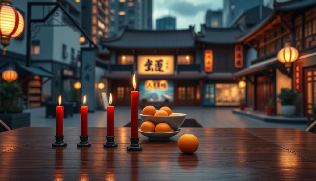 A serene, modern Chinese urban landscape at twilight, with soft ambient lighting illuminating traditional and contemporary elements. In the foreground, a polished wooden table displays four unlit red candles, symbolizing the number four, arranged meticulously. In the middle ground, a delicate ceramic bowl holds four oranges, representing good fortune, contrasting with the ominous presence of four faded, shadowy characters that evoke a sense of superstition. The background features traditional Chinese architecture with intricate designs, slightly blurred to emphasize depth. The atmosphere is contemplative yet infused with cultural richness, evoking a sense of intrigue and reflection on the complexities of luck and significance in Chinese culture. The composition should be shot with a subtle depth of field, ensuring focus on the foreground elements while maintaining a soft background. A serene, modern Chinese urban landscape at twilight, with soft ambient lighting illuminating traditional and contemporary elements. In the foreground, a polished wooden table displays four unlit red candles, symbolizing the number four, arranged meticulously. In the middle ground, a delicate ceramic bowl holds four oranges, representing good fortune, contrasting with the ominous presence of four faded, shadowy characters that evoke a sense of superstition. The background features traditional Chinese architecture with intricate designs, slightly blurred to emphasize depth. The atmosphere is contemplative yet infused with cultural richness, evoking a sense of intrigue and reflection on the complexities of luck and significance in Chinese culture. The composition should be shot with a subtle depth of field, ensuring focus on the foreground elements while maintaining a soft background.