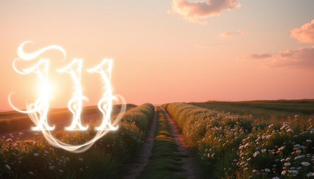 A serene scene focusing on the concept of angel number 111. In the foreground, a glowing, ethereal number "111" made of shimmering light, surrounded by gently swirling wisps of soft white clouds. In the middle ground, a tranquil pathway lined with lush greenery and delicate flowers leads towards a warm, radiant horizon. The background features a calm, pastel sky at dawn, painted with soft pinks and blues, symbolizing new beginnings and awareness. The lighting is soft and luminous, creating a magical atmosphere that conveys hope and guidance. The overall mood is peaceful and inspirational, inviting viewers to reflect on the positive messages and spiritual significance behind the number 111.