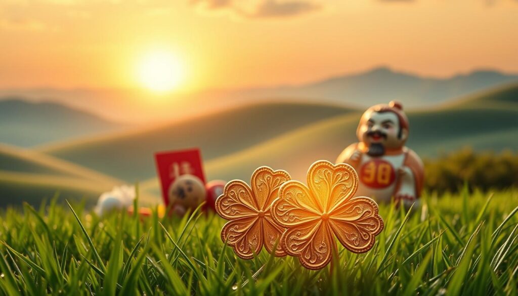 A serene, visually captivating scene depicting the number four as a symbol of luck. In the foreground, an ornate golden four-leaf clover gently rests on a bed of rich, green grass, glistening with morning dew. In the middle ground, various cultures are represented through subtle details, such as a Chinese red envelope and a traditional Japanese daruma doll, both incorporated harmoniously around the clover. The background features a soft-focus landscape with rolling hills under a brilliant sunrise, illuminating the scene with warm, golden light. The overall mood is uplifting and peaceful, inviting a sense of fortune and positivity. The composition should be framed in a slightly angled view to accentuate depth and harmony within the scene, creating an enchanting atmosphere that reflects the belief in the number four as a lucky symbol. A serene, visually captivating scene depicting the number four as a symbol of luck. In the foreground, an ornate golden four-leaf clover gently rests on a bed of rich, green grass, glistening with morning dew. In the middle ground, various cultures are represented through subtle details, such as a Chinese red envelope and a traditional Japanese daruma doll, both incorporated harmoniously around the clover. The background features a soft-focus landscape with rolling hills under a brilliant sunrise, illuminating the scene with warm, golden light. The overall mood is uplifting and peaceful, inviting a sense of fortune and positivity. The composition should be framed in a slightly angled view to accentuate depth and harmony within the scene, creating an enchanting atmosphere that reflects the belief in the number four as a lucky symbol.