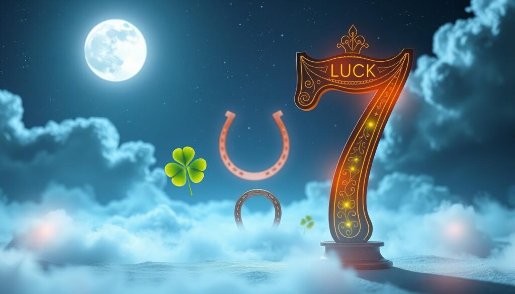 A striking composition showcasing the number seven as a symbol of positivity and luck. In the foreground, a large, ornate number 7 glows with vibrant colors, reflecting light to create a magical effect. The middle ground features iconic global symbols of luck, like a four-leaf clover and horseshoe, subtly arranged around the number. The background is a dreamy, ethereal landscape, with a starry night sky and a radiant full moon, enhancing the mystical quality. Soft, diffused lighting bathes the scene, creating an enchanting atmosphere. The angle is slightly tilted to add dynamism, inviting the viewer into this world where seven shines as a beacon of hope and fortune. The overall mood is uplifting and whimsical, a celebration of the number's significance worldwide. A striking composition showcasing the number seven as a symbol of positivity and luck. In the foreground, a large, ornate number 7 glows with vibrant colors, reflecting light to create a magical effect. The middle ground features iconic global symbols of luck, like a four-leaf clover and horseshoe, subtly arranged around the number. The background is a dreamy, ethereal landscape, with a starry night sky and a radiant full moon, enhancing the mystical quality. Soft, diffused lighting bathes the scene, creating an enchanting atmosphere. The angle is slightly tilted to add dynamism, inviting the viewer into this world where seven shines as a beacon of hope and fortune. The overall mood is uplifting and whimsical, a celebration of the number's significance worldwide.