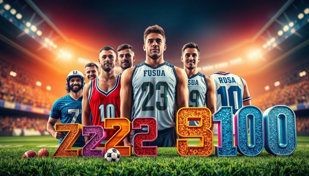 A vibrant and engaging overview of lucky numbers in sports, featuring a dynamic composition. In the foreground, an artistic collage of several famous athletes (dressed in professional sports attire) proudly displays their lucky numbers, each surrounded by small, symbolic representations of their sports. In the middle ground, an assortment of colorful number motifs, such as 7, 23, and 10, with subtle textures indicating different sportsâwood for basketball, grass for soccer, and ice for hockey. In the background, a soft-focus stadium scene, illuminated by warm lighting that creates a celebratory atmosphere. The overall mood is inspirational and engaging, inviting viewers to ponder the stories behind these lucky numbers while highlighting their importance in sports culture. A vibrant and engaging overview of lucky numbers in sports, featuring a dynamic composition. In the foreground, an artistic collage of several famous athletes (dressed in professional sports attire) proudly displays their lucky numbers, each surrounded by small, symbolic representations of their sports. In the middle ground, an assortment of colorful number motifs, such as 7, 23, and 10, with subtle textures indicating different sportsâwood for basketball, grass for soccer, and ice for hockey. In the background, a soft-focus stadium scene, illuminated by warm lighting that creates a celebratory atmosphere. The overall mood is inspirational and engaging, inviting viewers to ponder the stories behind these lucky numbers while highlighting their importance in sports culture.