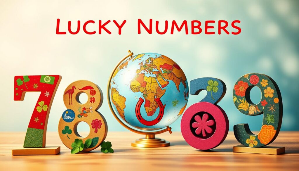 A vibrant collage representing "lucky numbers around the world" in various cultures and their meanings. In the foreground, place colorful representations of the numbers 7, 8, 3, and 9, adorned with traditional symbols and patterns from regions like Asia, Europe, and Africa. In the middle ground, include an elegant globe showcasing different cultural artifacts associated with luck, such as Chinese lanterns, horseshoes, and four-leaf clovers. The background should be a soft, dreamy gradient of blues and greens, creating a serene atmosphere. Employ warm, ambient lighting to enhance a sense of hope and fortune, with a slightly blurred effect at the edges to focus on the central elements. The composition should evoke a sense of unity among diverse cultures while celebrating their unique beliefs about luck. A vibrant collage representing "lucky numbers around the world" in various cultures and their meanings. In the foreground, place colorful representations of the numbers 7, 8, 3, and 9, adorned with traditional symbols and patterns from regions like Asia, Europe, and Africa. In the middle ground, include an elegant globe showcasing different cultural artifacts associated with luck, such as Chinese lanterns, horseshoes, and four-leaf clovers. The background should be a soft, dreamy gradient of blues and greens, creating a serene atmosphere. Employ warm, ambient lighting to enhance a sense of hope and fortune, with a slightly blurred effect at the edges to focus on the central elements. The composition should evoke a sense of unity among diverse cultures while celebrating their unique beliefs about luck.