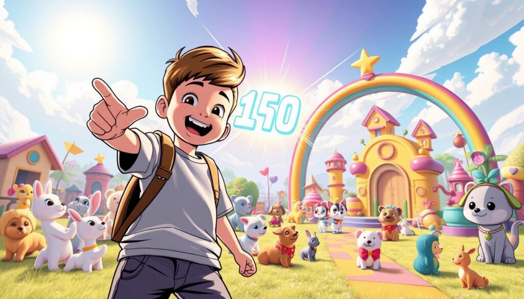 A vibrant digital scene showcasing a playful virtual world inspired by the "Adopt Me" game. In the foreground, an enthusiastic child character, dressed in casual yet colorful clothing, points excitedly at a sparkling, floating jackpot number glowing in radiant colors, surrounded by a soft halo effect. In the middle ground, various adorable pets and whimsical structures typical of "Adopt Me" create a lively atmosphere, with a rainbow arch subtly blending into the scene. The background features a sunny sky with fluffy clouds, enhancing the cheerful mood. The composition incorporates dynamic angles to capture the child's excitement, illuminated by bright, cheerful lighting that emphasizes a sense of wonder and joy. A vibrant digital scene showcasing a playful virtual world inspired by the "Adopt Me" game. In the foreground, an enthusiastic child character, dressed in casual yet colorful clothing, points excitedly at a sparkling, floating jackpot number glowing in radiant colors, surrounded by a soft halo effect. In the middle ground, various adorable pets and whimsical structures typical of "Adopt Me" create a lively atmosphere, with a rainbow arch subtly blending into the scene. The background features a sunny sky with fluffy clouds, enhancing the cheerful mood. The composition incorporates dynamic angles to capture the child's excitement, illuminated by bright, cheerful lighting that emphasizes a sense of wonder and joy.