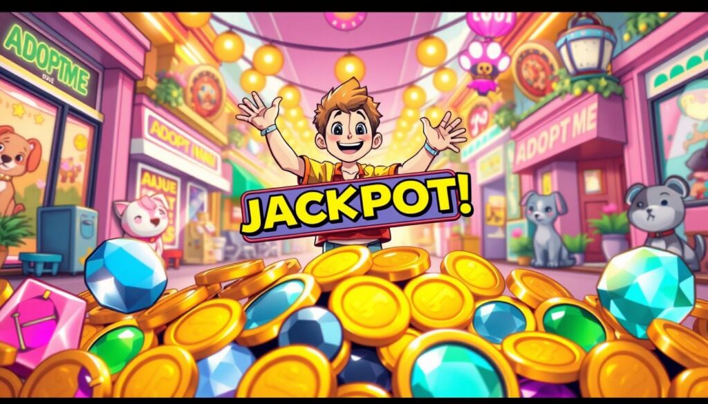 A vibrant, whimsical scene depicting the rewards for landing on a jackpot in the game "Adopt Me." In the foreground, showcase an array of colorful, golden tokens symbolizing in-game currency, surrounded by shiny, oversized gems and cute pet accessories like collars and toys. In the middle ground, illustrate a cheerful gaming character, dressed in casual, colorful attire, celebrating with joyful expressions while holding a jackpot sign. The background features a lively, animated game environment with pastel colors, resembling a cheerful street in Adopt Me, filled with adorable pets and bright decorations. Soft, warm lighting casts a magical ambiance, enhancing the festive mood. Capture the excitement and thrill of winning, emphasizing a sense of adventure and joy in this playful virtual world. A vibrant, whimsical scene depicting the rewards for landing on a jackpot in the game "Adopt Me." In the foreground, showcase an array of colorful, golden tokens symbolizing in-game currency, surrounded by shiny, oversized gems and cute pet accessories like collars and toys. In the middle ground, illustrate a cheerful gaming character, dressed in casual, colorful attire, celebrating with joyful expressions while holding a jackpot sign. The background features a lively, animated game environment with pastel colors, resembling a cheerful street in Adopt Me, filled with adorable pets and bright decorations. Soft, warm lighting casts a magical ambiance, enhancing the festive mood. Capture the excitement and thrill of winning, emphasizing a sense of adventure and joy in this playful virtual world.