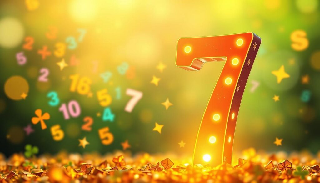 A visually appealing illustration of the concept of lucky numbers, featuring a large, glowing number 7 at the forefront, symbolizing luck and positivity. In the middle ground, scattered multi-colored numbers and mystical symbols like stars and clovers emerge, hinting at various cultural beliefs about luck. The background is a soft gradient of vibrant greens and golds, evoking a sense of fortune and prosperity. The lighting is warm and inviting, casting gentle highlights on the numbers while creating a dreamlike atmosphere. A slight bokeh effect enhances the depth, making the central number 7 stand out prominently. The overall mood is uplifting and magical, perfect for exploring the intriguing idea of personal lucky numbers. A visually appealing illustration of the concept of lucky numbers, featuring a large, glowing number 7 at the forefront, symbolizing luck and positivity. In the middle ground, scattered multi-colored numbers and mystical symbols like stars and clovers emerge, hinting at various cultural beliefs about luck. The background is a soft gradient of vibrant greens and golds, evoking a sense of fortune and prosperity. The lighting is warm and inviting, casting gentle highlights on the numbers while creating a dreamlike atmosphere. A slight bokeh effect enhances the depth, making the central number 7 stand out prominently. The overall mood is uplifting and magical, perfect for exploring the intriguing idea of personal lucky numbers.