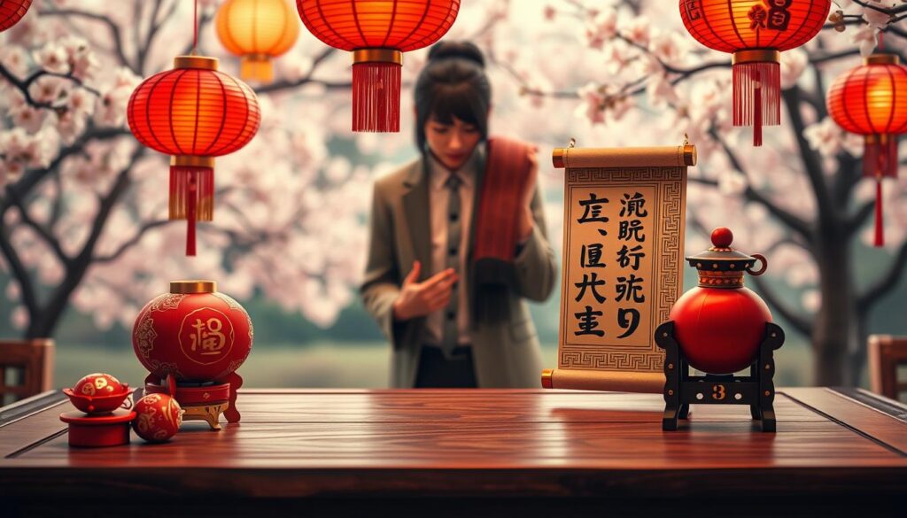 A visually captivating composition centered on the concept of "lucky numbers" in Chinese culture. In the foreground, a beautifully crafted wooden table displays vibrant red and gold decorative elements, such as paper lanterns and auspicious symbols featuring the numbers 8 and 9, traditionally considered lucky. The middle ground features a person dressed in a stylish, modest outfit, concentrating on a decorative scroll inscribed with Chinese characters related to the significance of these numbers. In the background, softly blurred cherry blossom trees create a serene atmosphere, casting delicate shadows. The lighting is warm and inviting, mimicking the gentle glow of lanterns, with a slight bokeh effect that enhances the overall harmony. The mood should evoke a sense of hope and prosperity associated with these numbers, inviting viewers to delve deeper into their meaning. A visually captivating composition centered on the concept of "lucky numbers" in Chinese culture. In the foreground, a beautifully crafted wooden table displays vibrant red and gold decorative elements, such as paper lanterns and auspicious symbols featuring the numbers 8 and 9, traditionally considered lucky. The middle ground features a person dressed in a stylish, modest outfit, concentrating on a decorative scroll inscribed with Chinese characters related to the significance of these numbers. In the background, softly blurred cherry blossom trees create a serene atmosphere, casting delicate shadows. The lighting is warm and inviting, mimicking the gentle glow of lanterns, with a slight bokeh effect that enhances the overall harmony. The mood should evoke a sense of hope and prosperity associated with these numbers, inviting viewers to delve deeper into their meaning.