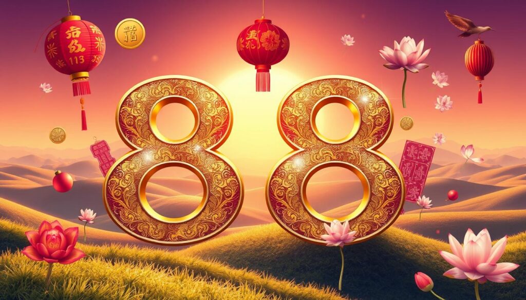 A visually captivating illustration of the number "88" surrounded by various symbols and motifs that highlight its significance. In the foreground, prominently feature the number "88" in a bold, elegant typeface with shimmering metallic textures, possibly in gold or silver. In the middle ground, incorporate symbols like a lucky coin, a vibrant Chinese lantern, and a few delicate lotus flowers, suggesting prosperity and good fortune. The background should depict a serene scene of rolling hills under a sunrise, filled with soft, warm light that enhances the mood of optimism and positivity. Use a wide-angle perspective to create depth, and infuse the scene with a soft focus effect to convey a dreamlike quality, evoking a sense of intrigue and admiration for the number 88's cultural significance. A visually captivating illustration of the number "88" surrounded by various symbols and motifs that highlight its significance. In the foreground, prominently feature the number "88" in a bold, elegant typeface with shimmering metallic textures, possibly in gold or silver. In the middle ground, incorporate symbols like a lucky coin, a vibrant Chinese lantern, and a few delicate lotus flowers, suggesting prosperity and good fortune. The background should depict a serene scene of rolling hills under a sunrise, filled with soft, warm light that enhances the mood of optimism and positivity. Use a wide-angle perspective to create depth, and infuse the scene with a soft focus effect to convey a dreamlike quality, evoking a sense of intrigue and admiration for the number 88's cultural significance.