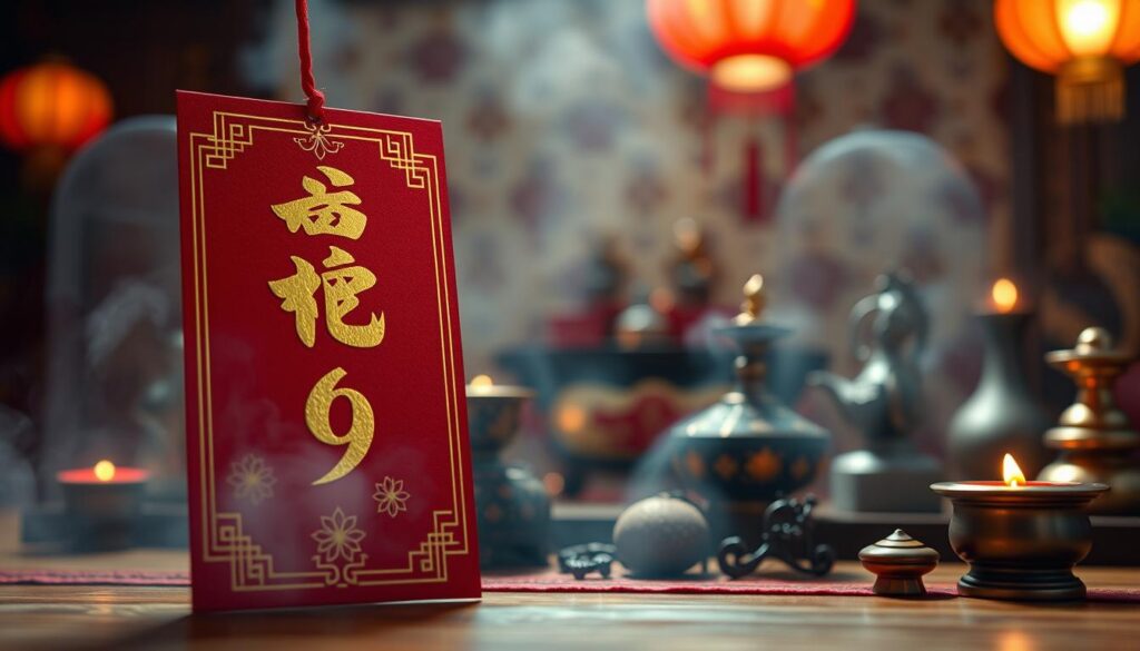 A visually engaging composition highlighting lucky numbers in Chinese culture. In the foreground, feature a traditional Chinese red envelope, symbolizing good fortune, with numbers like 8, 6, and 9 artistically inscribed in gold. In the middle ground, display a beautifully presented table adorned with cultural artifacts such as jade ornaments and incense, creating an atmosphere of reverence and celebration. The background should feature a softly lit Chinese lantern, providing a warm glow that enhances the mood of prosperity and luck. Use a shallow depth of field to focus on the foreground details while blurring the background gently. The overall atmosphere should evoke a sense of hope and positivity, capturing the essence of lucky numbers celebrated in Chinese culture. A visually engaging composition highlighting lucky numbers in Chinese culture. In the foreground, feature a traditional Chinese red envelope, symbolizing good fortune, with numbers like 8, 6, and 9 artistically inscribed in gold. In the middle ground, display a beautifully presented table adorned with cultural artifacts such as jade ornaments and incense, creating an atmosphere of reverence and celebration. The background should feature a softly lit Chinese lantern, providing a warm glow that enhances the mood of prosperity and luck. Use a shallow depth of field to focus on the foreground details while blurring the background gently. The overall atmosphere should evoke a sense of hope and positivity, capturing the essence of lucky numbers celebrated in Chinese culture.