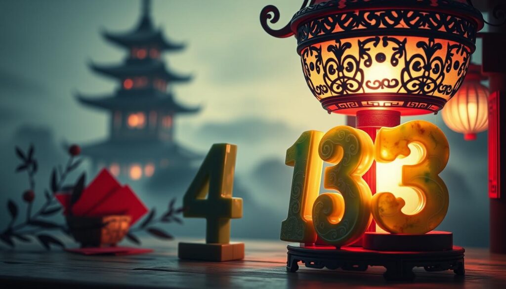 A visually striking composition focused on the numbers 4 and 13, depicted as symbolic representations of bad luck in Chinese culture. In the foreground, an ornate Chinese lantern is illuminated, casting a warm, soft glow on the numbers carved from jade, adorned with intricate designs that reflect cultural significance. The middle ground features a subtle arrangement of traditional Chinese motifs, such as red envelopes and bamboo stalks, enhancing the cultural context. In the background, a blurred silhouette of a Chinese pagoda is visible, shrouded in a gentle mist, contributing to a mysterious atmosphere. The lighting is soft and inviting, suggesting a sense of contemplation. The overall mood is reflective and slightly ominous, capturing the essence of superstition. Use a slightly elevated angle to emphasize the lantern and numbers while maintaining a focus on the cultural elements. A visually striking composition focused on the numbers 4 and 13, depicted as symbolic representations of bad luck in Chinese culture. In the foreground, an ornate Chinese lantern is illuminated, casting a warm, soft glow on the numbers carved from jade, adorned with intricate designs that reflect cultural significance. The middle ground features a subtle arrangement of traditional Chinese motifs, such as red envelopes and bamboo stalks, enhancing the cultural context. In the background, a blurred silhouette of a Chinese pagoda is visible, shrouded in a gentle mist, contributing to a mysterious atmosphere. The lighting is soft and inviting, suggesting a sense of contemplation. The overall mood is reflective and slightly ominous, capturing the essence of superstition. Use a slightly elevated angle to emphasize the lantern and numbers while maintaining a focus on the cultural elements.