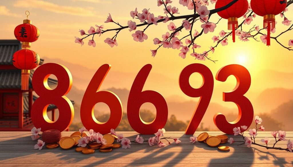 A visually striking composition illustrating famous lucky numbers in Chinese culture, prominently featuring the numbers 8, 6, 9, and 3. In the foreground, showcase these numbers artistically integrated into a vibrant traditional Chinese setting, embellished with symbols like red lanterns and gold coins. In the middle ground, arrange delicate cherry blossom branches, representing rebirth and happiness, harmoniously surrounding the numbers. The background should depict a serene Chinese landscape with rolling hills and misty mountains under a soft golden sunset, casting warm, inviting light on the scene. Use a wide-angle lens to capture the entire composition, ensuring a dynamic perspective. The overall mood should be celebratory and auspicious, evoking optimism and prosperity associated with these lucky numbers. A visually striking composition illustrating famous lucky numbers in Chinese culture, prominently featuring the numbers 8, 6, 9, and 3. In the foreground, showcase these numbers artistically integrated into a vibrant traditional Chinese setting, embellished with symbols like red lanterns and gold coins. In the middle ground, arrange delicate cherry blossom branches, representing rebirth and happiness, harmoniously surrounding the numbers. The background should depict a serene Chinese landscape with rolling hills and misty mountains under a soft golden sunset, casting warm, inviting light on the scene. Use a wide-angle lens to capture the entire composition, ensuring a dynamic perspective. The overall mood should be celebratory and auspicious, evoking optimism and prosperity associated with these lucky numbers.