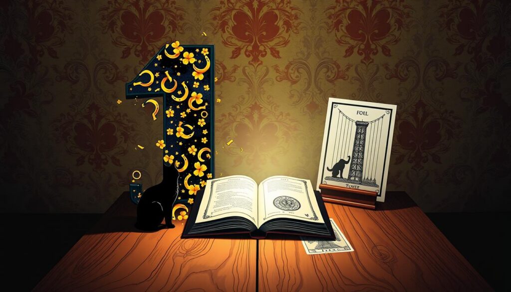 A visually striking illustration showcasing the duality of number 13 as both a lucky and unlucky number. In the foreground, a large, bold numeral "13" split in half; one side adorned with golden lucky symbols like horseshoes and four-leaf clovers, the other half shadowed with ominous motifs such as broken mirrors and black cats. In the middle ground, a softly lit wooden table displaying an open book of superstitions and a tarot card spread featuring The Fool and The Tower cards, symbolizing fortune and misfortune. The background is a richly colored tapestry or wallpaper with patterns of luck and fear, with subdued lighting to create a contemplative atmosphere. The overall mood should convey a sense of intrigue and mystery, inviting the viewer to ponder the significance of the number 13. A visually striking illustration showcasing the duality of number 13 as both a lucky and unlucky number. In the foreground, a large, bold numeral "13" split in half; one side adorned with golden lucky symbols like horseshoes and four-leaf clovers, the other half shadowed with ominous motifs such as broken mirrors and black cats. In the middle ground, a softly lit wooden table displaying an open book of superstitions and a tarot card spread featuring The Fool and The Tower cards, symbolizing fortune and misfortune. The background is a richly colored tapestry or wallpaper with patterns of luck and fear, with subdued lighting to create a contemplative atmosphere. The overall mood should convey a sense of intrigue and mystery, inviting the viewer to ponder the significance of the number 13.