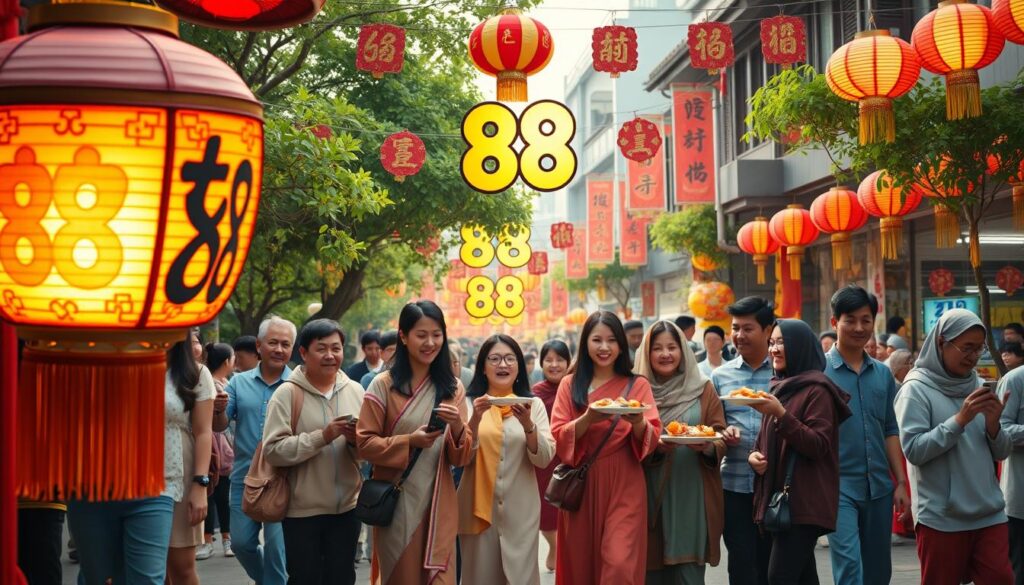 A visually striking image depicting the significance of the number 88 in everyday life and traditions. In the foreground, a beautiful traditional Chinese lantern featuring the number 88 is illuminated, casting a warm golden glow. In the middle ground, a group of diverse individuals dressed in modest casual clothing are joyfully interacting while participating in a festive celebration, holding plates of food and traditional decorations. In the background, a vibrant street scene filled with colorful banners and displays celebrating the number 88, surrounded by lush green trees and festival decorations. The mood is lively and triumphant, capturing the essence of tradition and community spirit. Soft, natural lighting enhances the atmosphere, creating an inviting feel. The angle is slightly elevated, showcasing the depth of the scene. A visually striking image depicting the significance of the number 88 in everyday life and traditions. In the foreground, a beautiful traditional Chinese lantern featuring the number 88 is illuminated, casting a warm golden glow. In the middle ground, a group of diverse individuals dressed in modest casual clothing are joyfully interacting while participating in a festive celebration, holding plates of food and traditional decorations. In the background, a vibrant street scene filled with colorful banners and displays celebrating the number 88, surrounded by lush green trees and festival decorations. The mood is lively and triumphant, capturing the essence of tradition and community spirit. Soft, natural lighting enhances the atmosphere, creating an inviting feel. The angle is slightly elevated, showcasing the depth of the scene.