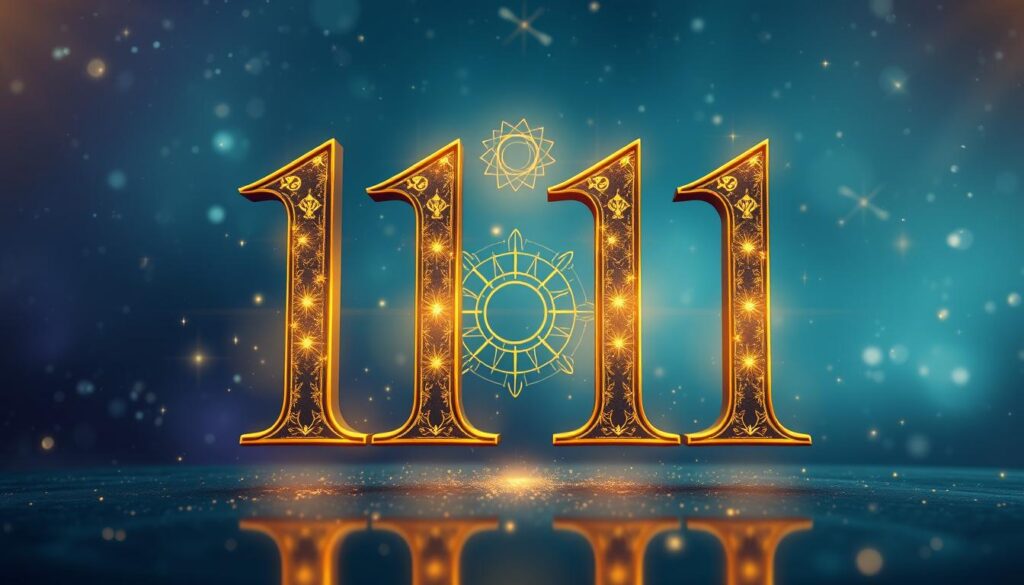 A visually striking representation of the number "1111" in the context of numerology, prominently featured in the foreground. The digits should be intricately designed with golden and shimmering accents, symbolizing luck and spiritual significance. In the middle ground, include subtle astrological symbols and celestial motifs that convey an aura of enlightenment and potential. The background should feature a soft, ethereal gradient of deep blues and purples, reminiscent of a night sky filled with stars, creating an atmosphere of mystery and wonder. Utilize soft, diffused lighting to illuminate the numbers and symbols, highlighting their importance while adding a magical glow. The overall mood should be reflective and inspiring, inviting the viewer to contemplate the deeper meanings behind the number 1111. A visually striking representation of the number "1111" in the context of numerology, prominently featured in the foreground. The digits should be intricately designed with golden and shimmering accents, symbolizing luck and spiritual significance. In the middle ground, include subtle astrological symbols and celestial motifs that convey an aura of enlightenment and potential. The background should feature a soft, ethereal gradient of deep blues and purples, reminiscent of a night sky filled with stars, creating an atmosphere of mystery and wonder. Utilize soft, diffused lighting to illuminate the numbers and symbols, highlighting their importance while adding a magical glow. The overall mood should be reflective and inspiring, inviting the viewer to contemplate the deeper meanings behind the number 1111.