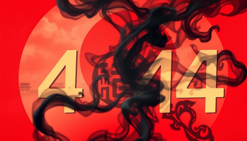 A visually striking representation of unlucky numbers in Chinese culture, featuring the numbers 4 and 14 prominently in the foreground, surrounded by traditional Chinese elements. Include a stylized red background symbolizing misfortune, entwined with wispy black smoke to create an ominous atmosphere. In the middle ground, showcase traditional Chinese numerology symbols that are intricately designed, evoking a sense of ancient wisdom and superstition. The background should feature faint silhouettes of traditional Chinese architecture, like pagodas, under a cloudy sky to enhance the mood of superstition and foreboding. Soft, diffused lighting adds a mystical glow to the numbers, emphasizing their cultural significance. The overall mood is reflective and slightly eerie, inviting viewers to explore the stories behind these unlucky numbers. A visually striking representation of unlucky numbers in Chinese culture, featuring the numbers 4 and 14 prominently in the foreground, surrounded by traditional Chinese elements. Include a stylized red background symbolizing misfortune, entwined with wispy black smoke to create an ominous atmosphere. In the middle ground, showcase traditional Chinese numerology symbols that are intricately designed, evoking a sense of ancient wisdom and superstition. The background should feature faint silhouettes of traditional Chinese architecture, like pagodas, under a cloudy sky to enhance the mood of superstition and foreboding. Soft, diffused lighting adds a mystical glow to the numbers, emphasizing their cultural significance. The overall mood is reflective and slightly eerie, inviting viewers to explore the stories behind these unlucky numbers.