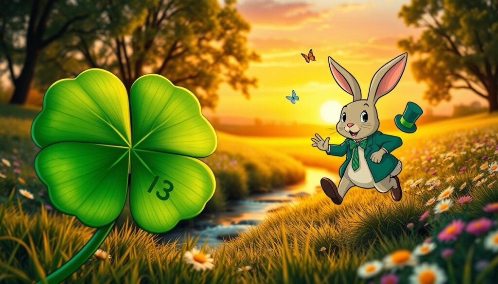 A whimsical scene depicting the number 13 as a symbol of good luck. In the foreground, a large, shining four-leaf clover with vibrant green leaves, each leaf subtly engraved with the number 13. Beside it, a cheerful, cartoonish rabbit in a smart, casual outfit, hopping joyfully with a small top hat, symbolizing luck. In the middle, a gentle stream flowing through a lush meadow covered in wildflowers, where butterflies flutter around. In the background, a vivid sunset casts warm, golden light, enhancing the overall cheerful atmosphere. The sky is painted with soft hues of orange and pink, creating a magical ambiance, while the entire scene is framed by softly blurred trees, emphasizing serenity and positivity. The perspective is an inviting close-up, drawing the viewer into this enchanting world of luck. A whimsical scene depicting the number 13 as a symbol of good luck. In the foreground, a large, shining four-leaf clover with vibrant green leaves, each leaf subtly engraved with the number 13. Beside it, a cheerful, cartoonish rabbit in a smart, casual outfit, hopping joyfully with a small top hat, symbolizing luck. In the middle, a gentle stream flowing through a lush meadow covered in wildflowers, where butterflies flutter around. In the background, a vivid sunset casts warm, golden light, enhancing the overall cheerful atmosphere. The sky is painted with soft hues of orange and pink, creating a magical ambiance, while the entire scene is framed by softly blurred trees, emphasizing serenity and positivity. The perspective is an inviting close-up, drawing the viewer into this enchanting world of luck.