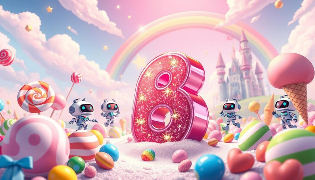 A whimsical scene from the Sugarfest event in Adopt Me, depicting a vibrant "lucky number" amidst a colorful candy landscape. In the foreground, prominently feature a large, sparkling number with a glossy finish, surrounded by oversized sweets like lollipops, gummy bears, and ice cream cones. In the middle ground, playful robots dressed in festive attire joyfully interact with the candy, spreading an atmosphere of excitement. The background showcases a dreamy sky filled with cotton candy clouds and a rainbow arching over a candy castle. Soft, warm lighting enhances the magical ambiance, and the scene is captured from a slightly elevated angle, allowing for a dynamic view that conveys both joy and whimsy. The overall mood is celebratory and enchanting, perfect for capturing the essence of luck and fun in the game. A whimsical scene from the Sugarfest event in Adopt Me, depicting a vibrant "lucky number" amidst a colorful candy landscape. In the foreground, prominently feature a large, sparkling number with a glossy finish, surrounded by oversized sweets like lollipops, gummy bears, and ice cream cones. In the middle ground, playful robots dressed in festive attire joyfully interact with the candy, spreading an atmosphere of excitement. The background showcases a dreamy sky filled with cotton candy clouds and a rainbow arching over a candy castle. Soft, warm lighting enhances the magical ambiance, and the scene is captured from a slightly elevated angle, allowing for a dynamic view that conveys both joy and whimsy. The overall mood is celebratory and enchanting, perfect for capturing the essence of luck and fun in the game.