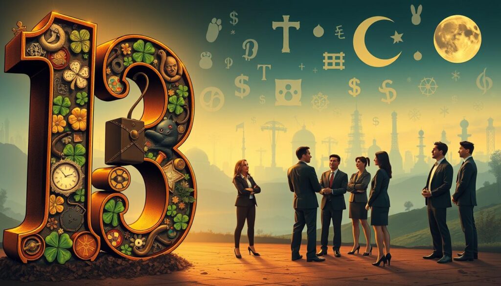 A whimsical yet thought-provoking representation of the number 13, exploring its dual reputation as both a lucky and unlucky number. In the foreground, prominently feature a large, ornate number 13, with one half adorned in vibrant, lucky symbols like four-leaf clovers and horseshoes, while the other half showcases ominous imagery such as broken mirrors and black cats. The middle ground displays a diverse group of people dressed in professional business attire, engaging in a discussion, reflecting different cultural perspectives. In the background, an atmospheric landscape comprising iconic symbols from various cultures, like a dollar sign, a rabbit's foot, and a crescent moon, blends into a soft twilight ambiance, creating a juxtaposition of luck and misfortune. Use warm, inviting lighting to enhance the intriguing mood, focusing on a slightly tilted angle to add a dynamic perspective. A whimsical yet thought-provoking representation of the number 13, exploring its dual reputation as both a lucky and unlucky number. In the foreground, prominently feature a large, ornate number 13, with one half adorned in vibrant, lucky symbols like four-leaf clovers and horseshoes, while the other half showcases ominous imagery such as broken mirrors and black cats. The middle ground displays a diverse group of people dressed in professional business attire, engaging in a discussion, reflecting different cultural perspectives. In the background, an atmospheric landscape comprising iconic symbols from various cultures, like a dollar sign, a rabbit's foot, and a crescent moon, blends into a soft twilight ambiance, creating a juxtaposition of luck and misfortune. Use warm, inviting lighting to enhance the intriguing mood, focusing on a slightly tilted angle to add a dynamic perspective.